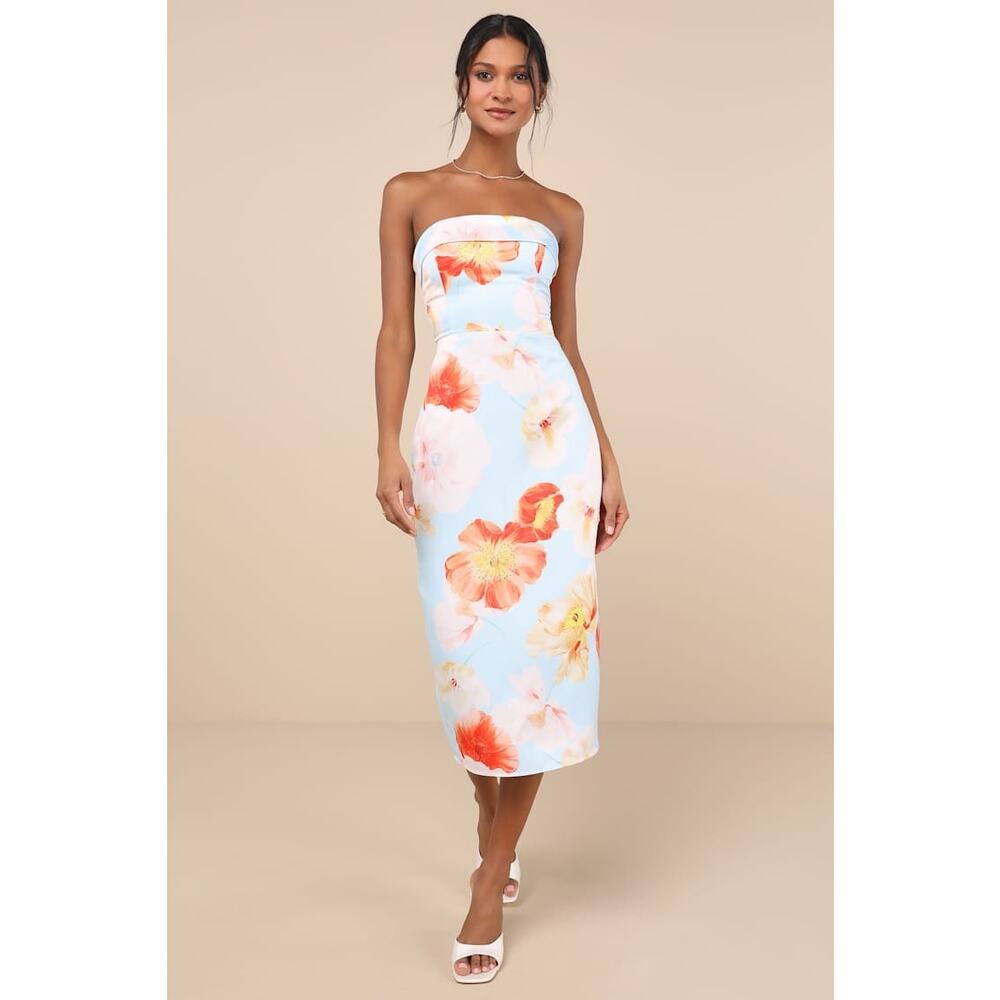 LULU's Strapless Floral Midi Dress in Sky Blue with Orange Blooms NWT Size M